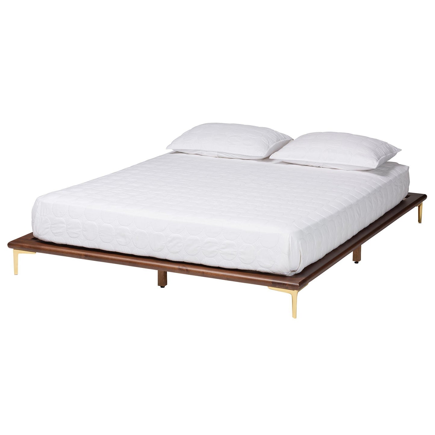 Baxton Studio Channary Mid-Century Modern Transitional Walnut Brown Finished Wood and Gold Metal Bed Frame FredCo