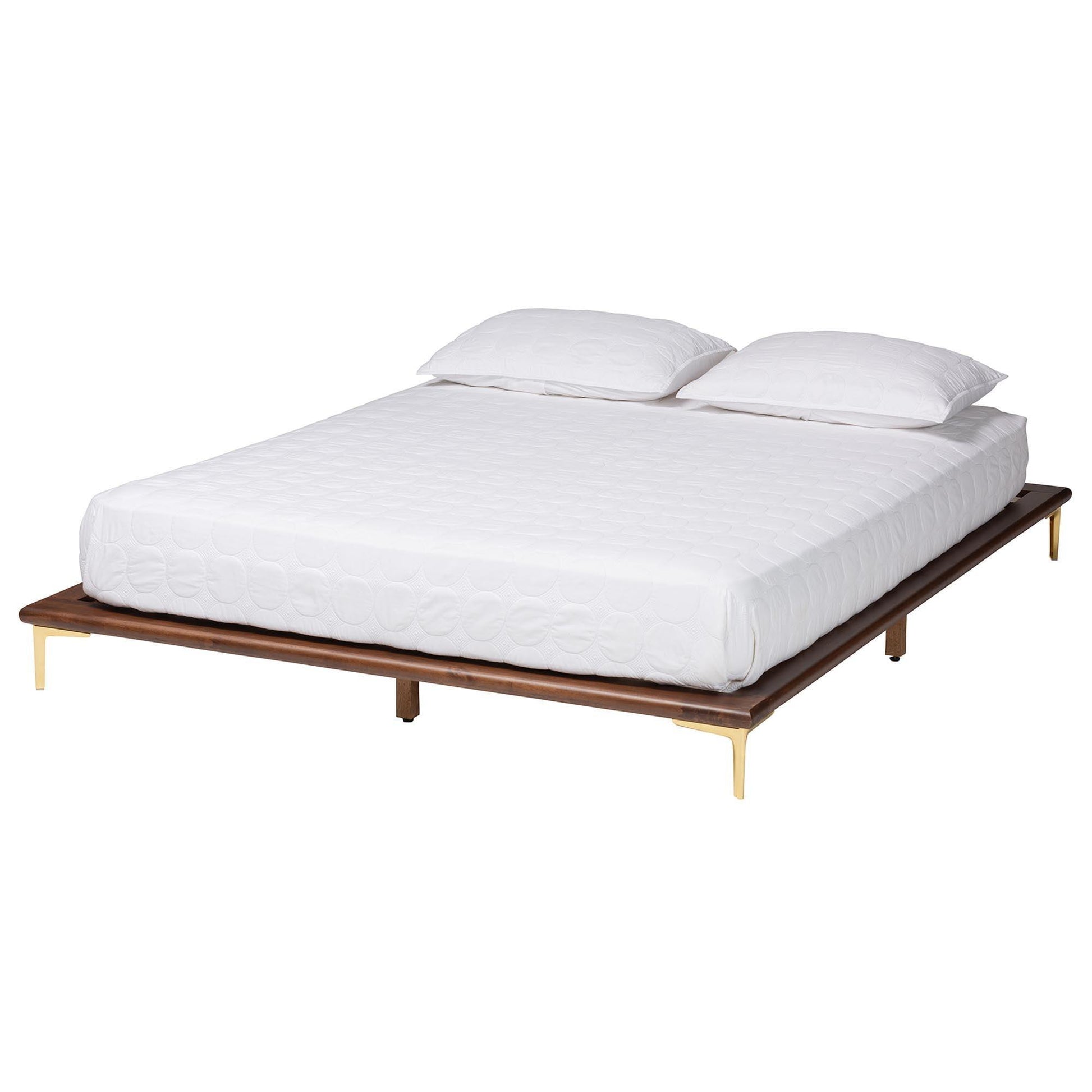 Baxton Studio Channary Mid-Century Modern Transitional Walnut Brown Finished Wood and Gold Metal Bed Frame FredCo
