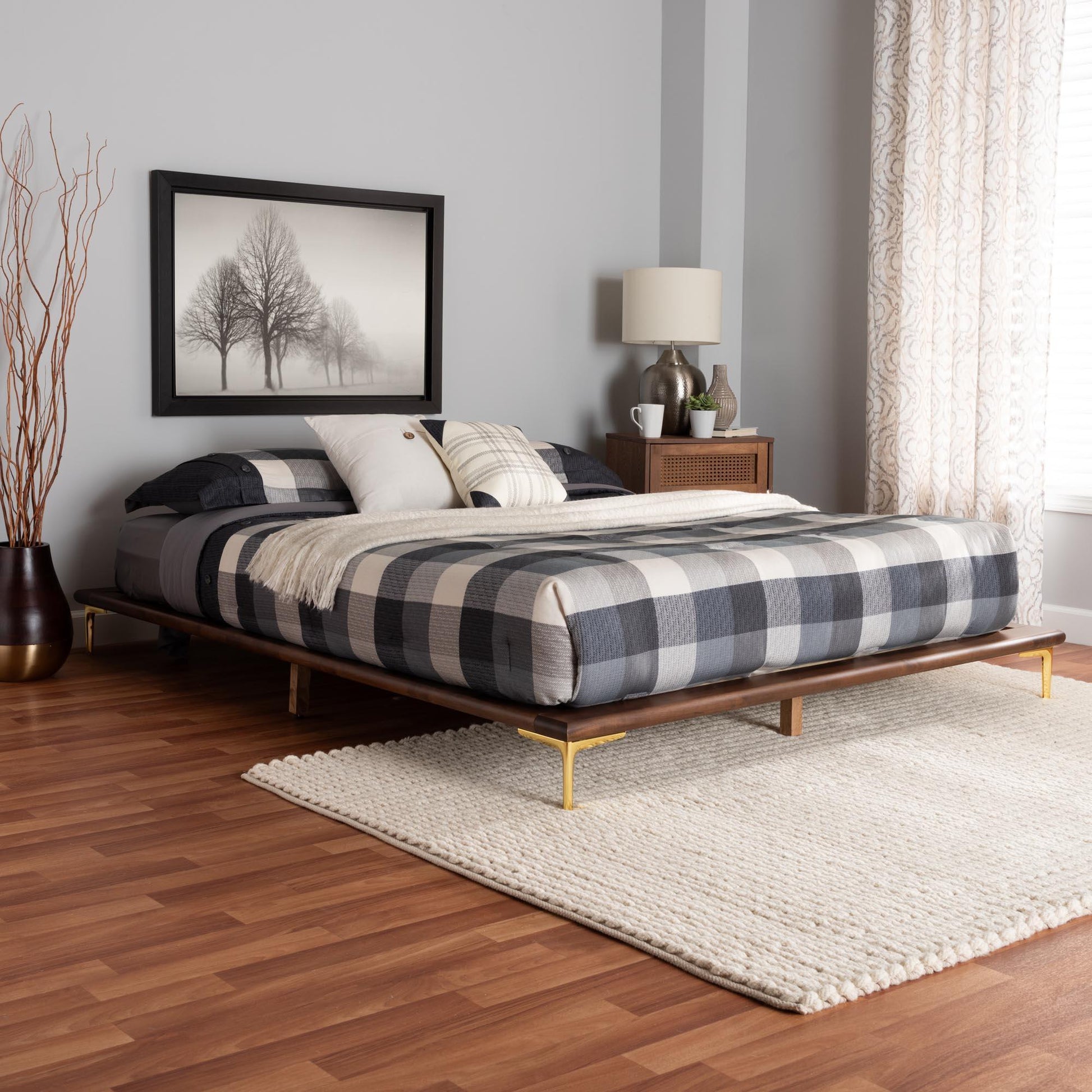 Baxton Studio Channary Mid-Century Modern Transitional Walnut Brown Finished Wood and Gold Metal Bed Frame FredCo