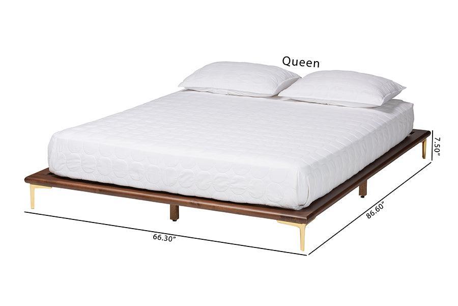 Baxton Studio Channary Mid-Century Modern Transitional Walnut Brown Finished Wood and Gold Metal Bed Frame FredCo