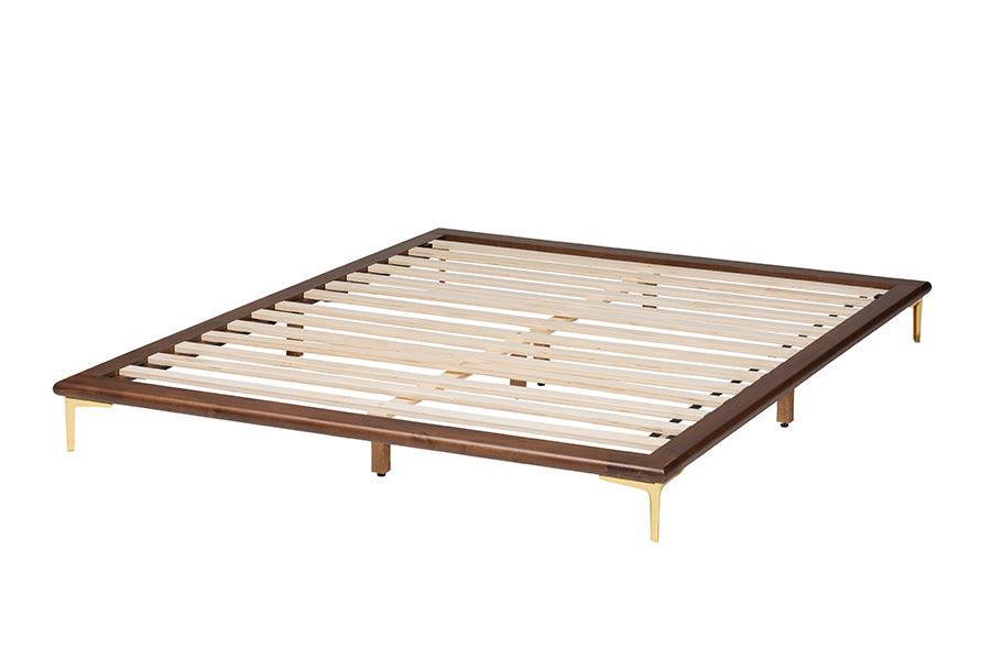Baxton Studio Channary Mid-Century Modern Transitional Walnut Brown Finished Wood and Gold Metal Bed Frame FredCo