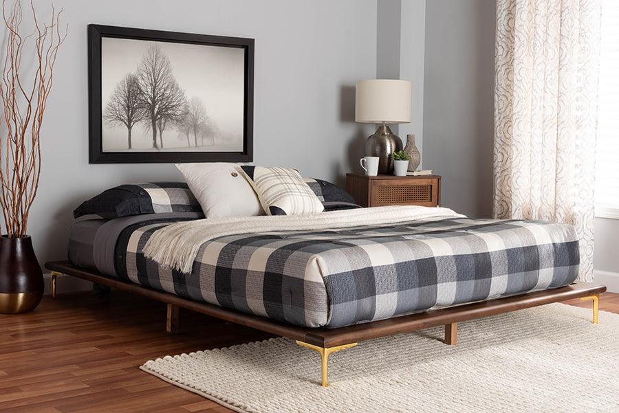 Baxton Studio Channary Mid-Century Modern Transitional Walnut Brown Finished Wood and Gold Metal Bed Frame FredCo