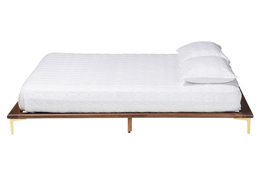 Baxton Studio Channary Mid-Century Modern Transitional Walnut Brown Finished Wood and Gold Metal Bed Frame FredCo