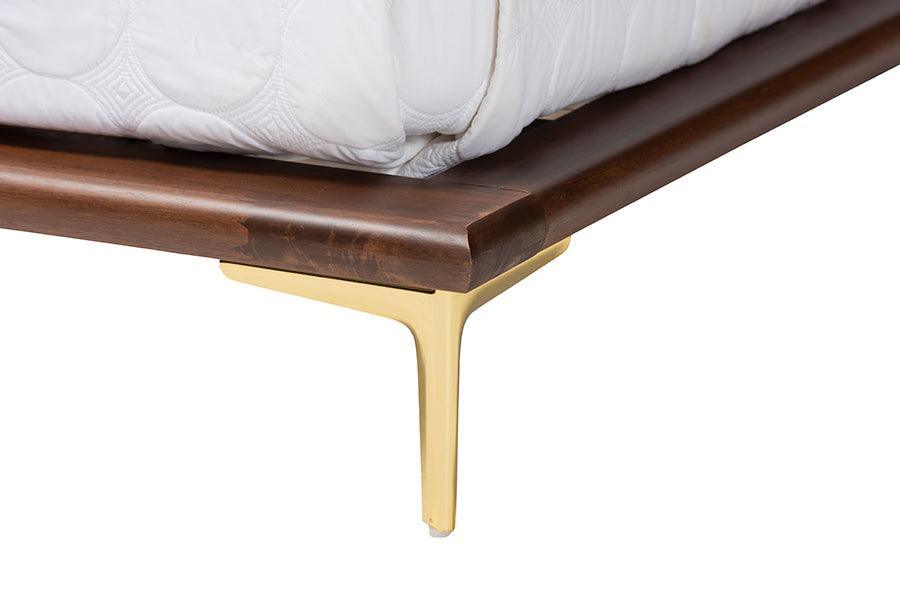 Baxton Studio Channary Mid-Century Modern Transitional Walnut Brown Finished Wood and Gold Metal Bed Frame FredCo