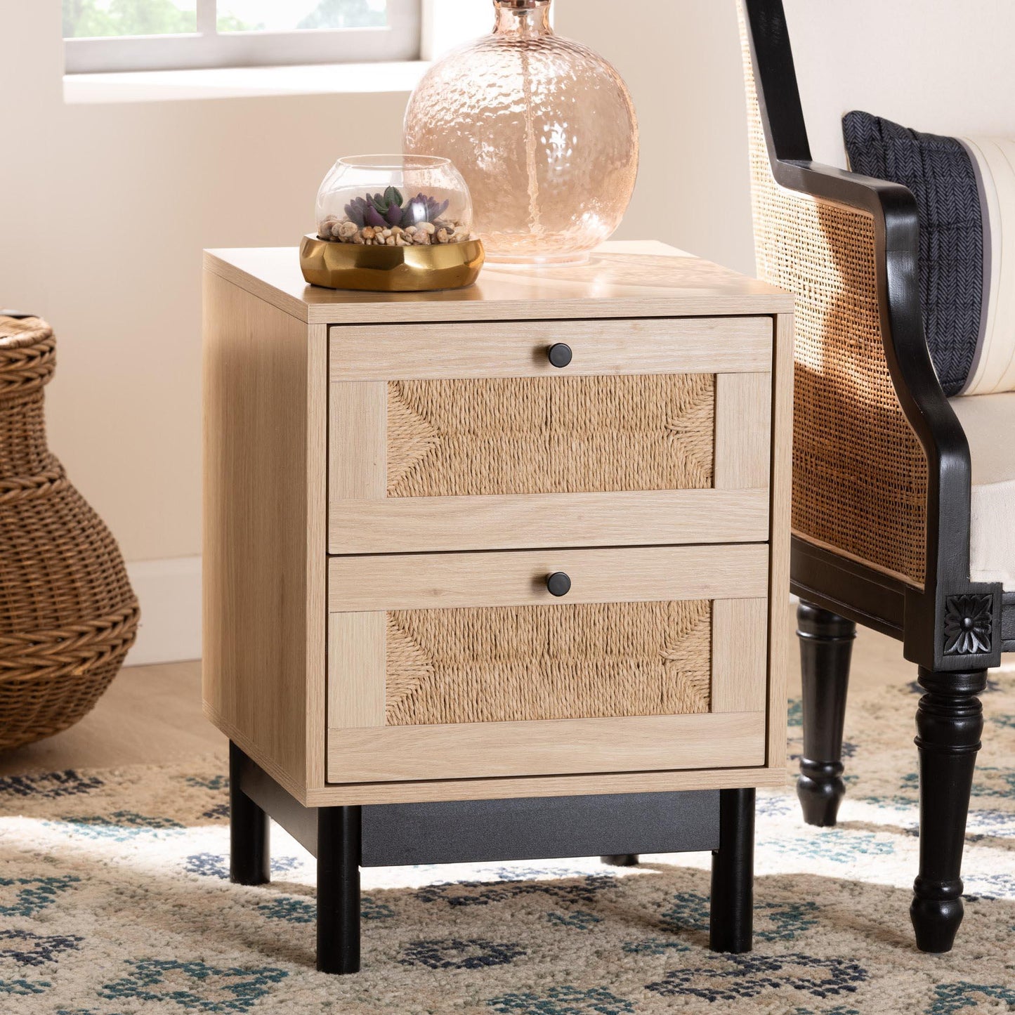 Baxton Studio Cherelle Mid-Century Modern Light Brown and Black 2-Drawer End Table FredCo