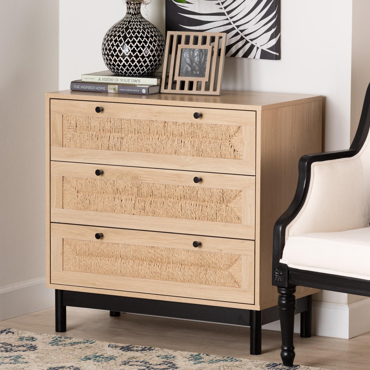 Baxton Studio Cherelle Mid-Century Modern Light Brown and Black 3-Drawer Storage Cabinet FredCo