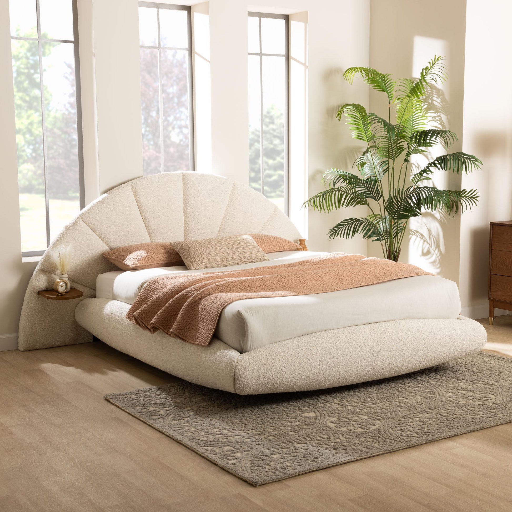 Baxton Studio Cherise Modern Cream Boucle Fabric King Floating Bed with Built-In Shelves FredCo