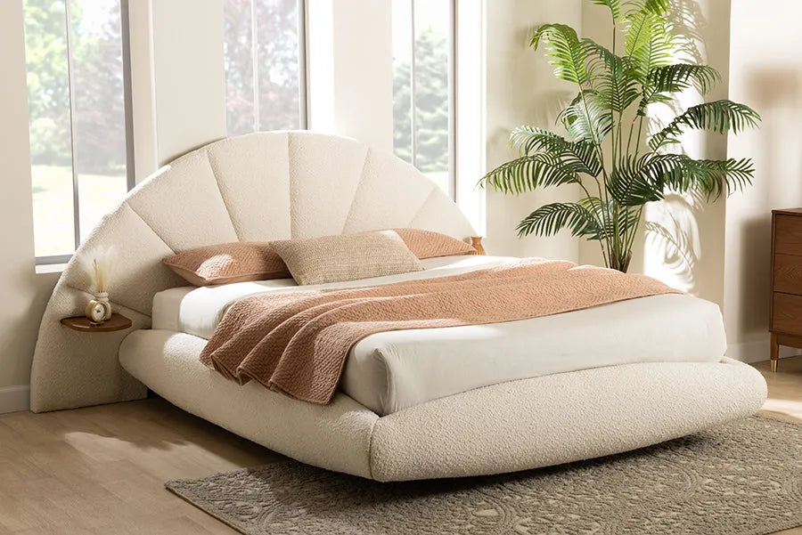 Baxton Studio Cherise Modern Cream Boucle Fabric Queen Floating Bed with Built-In Shelves FredCo