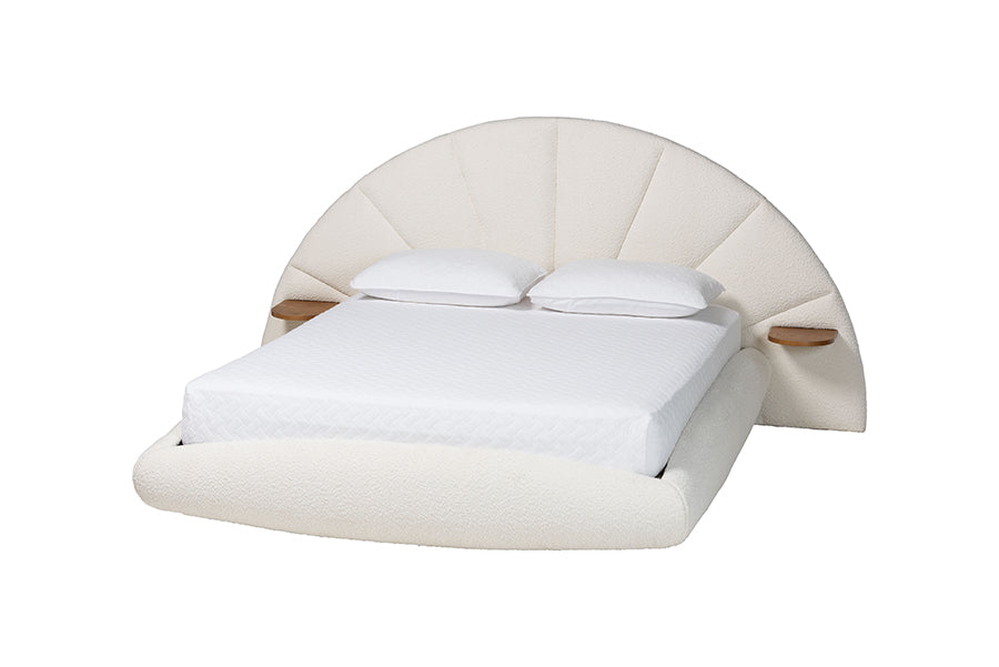 Baxton Studio Cherise Modern Cream Boucle Fabric Queen Floating Bed with Built-In Shelves FredCo