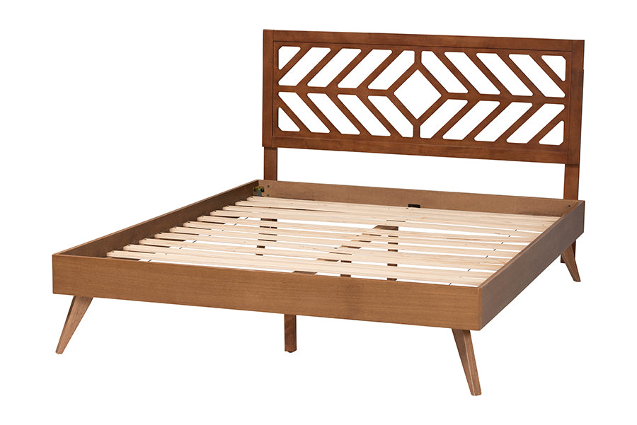 Mid-century modern wooden bed frame with geometric headboard from FredCo International