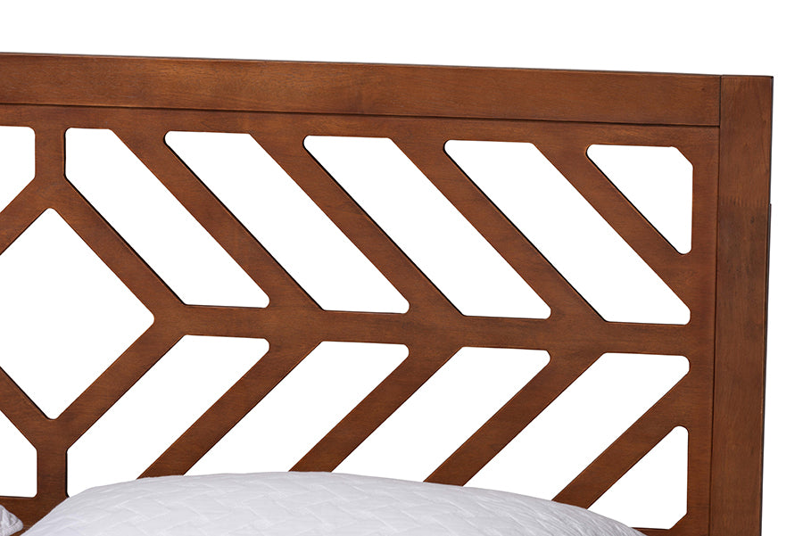 Modern wooden bed headboard with geometric cutout pattern, FredCo International furniture