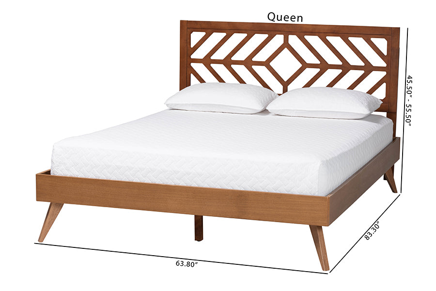 Queen size wooden bed frame with geometric headboard and measurements, FredCo International furniture