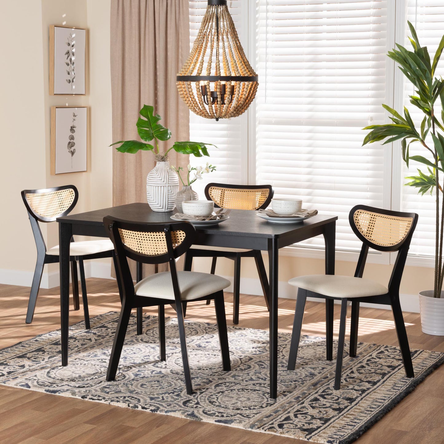 Baxton Studio Dannell Mid-Century Modern Cream Fabric and Black Finished Wood 5-Piece Dining Set FredCo