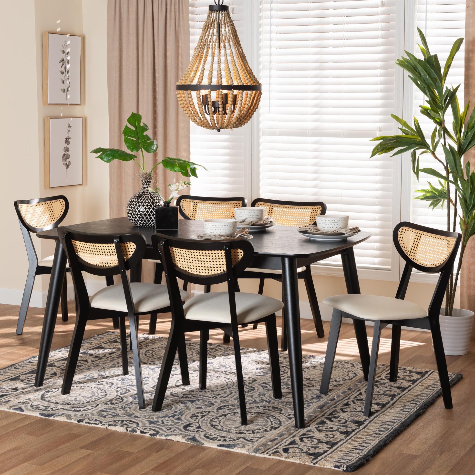 Baxton Studio Dannell Mid-Century Modern Cream Fabric and Black Finished Wood 7-Piece Dining Set FredCo