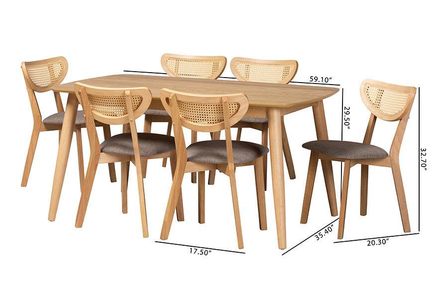 Baxton Studio Dannell Mid-Century Modern Grey Fabric and Natural Oak Finished Wood 7-Piece Dining Set FredCo