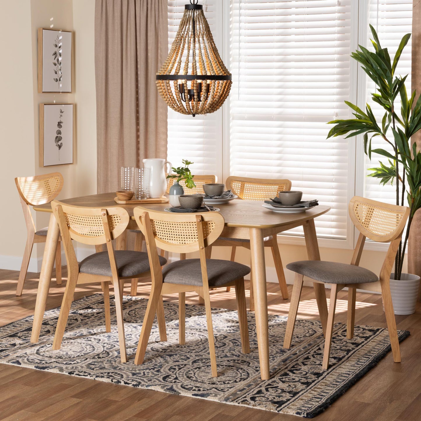 Baxton Studio Dannell Mid-Century Modern Grey Fabric and Natural Oak Finished Wood 7-Piece Dining Set FredCo