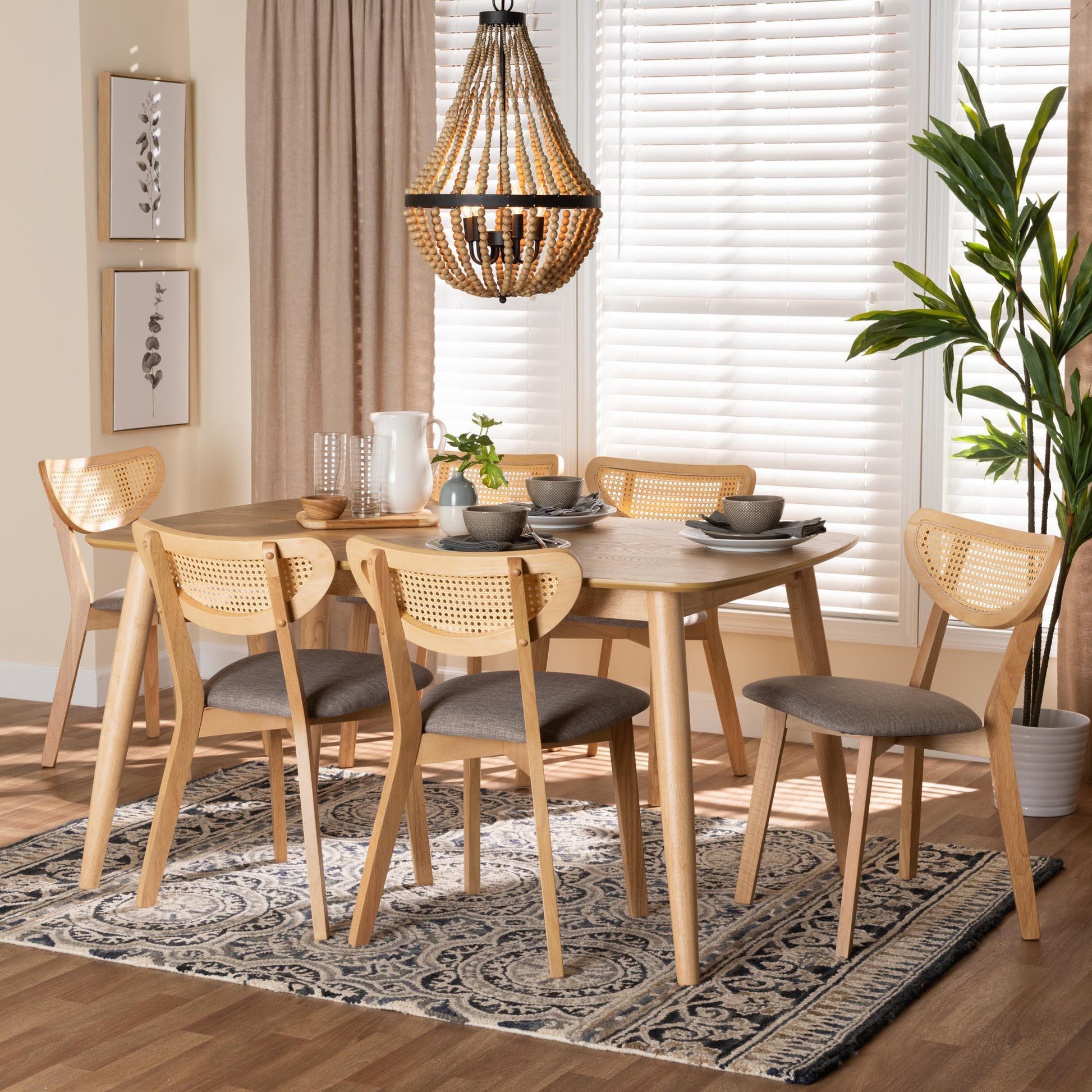 Baxton Studio Dannell Mid-Century Modern Grey Fabric and Natural Oak Finished Wood 7-Piece Dining Set FredCo