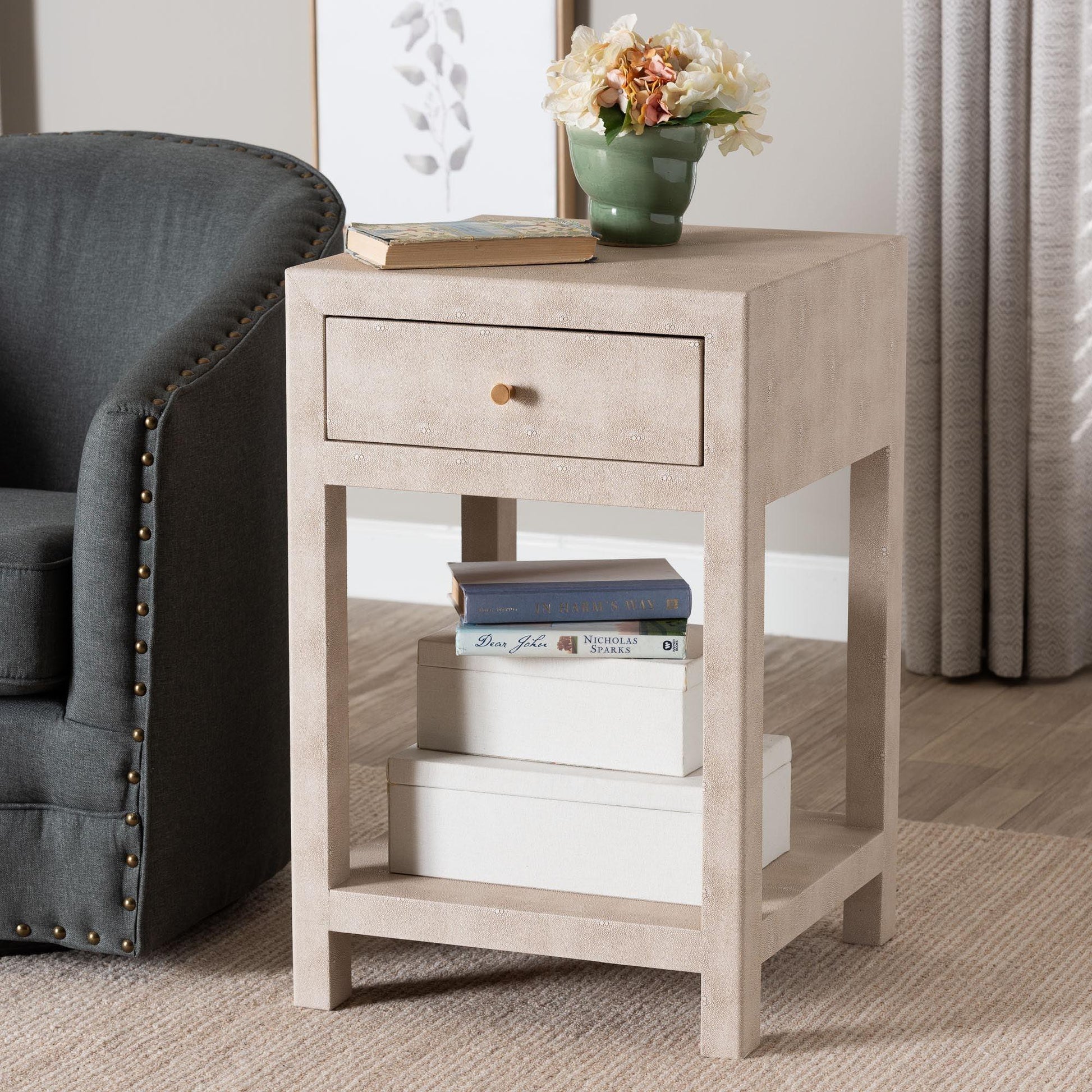 Baxton Studio Dansby Modern Beige Faux Shagreen 1-Drawer End Table FredCo