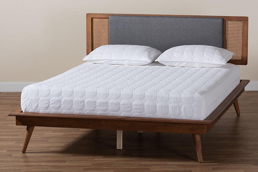 Baxton Studio Delfina Mid-Century Modern Dark Grey Fabric and Walnut Brown Finished Wood Platform Bed FredCo