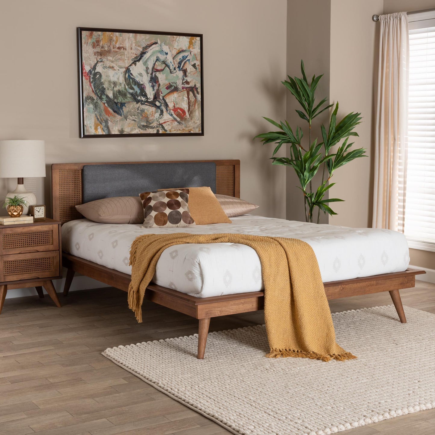 Baxton Studio Delfina Mid-Century Modern Dark Grey Fabric and Walnut Brown Finished Wood Platform Bed FredCo