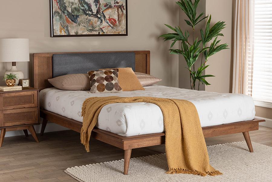 Baxton Studio Delfina Mid-Century Modern Dark Grey Fabric and Walnut Brown Finished Wood Platform Bed FredCo
