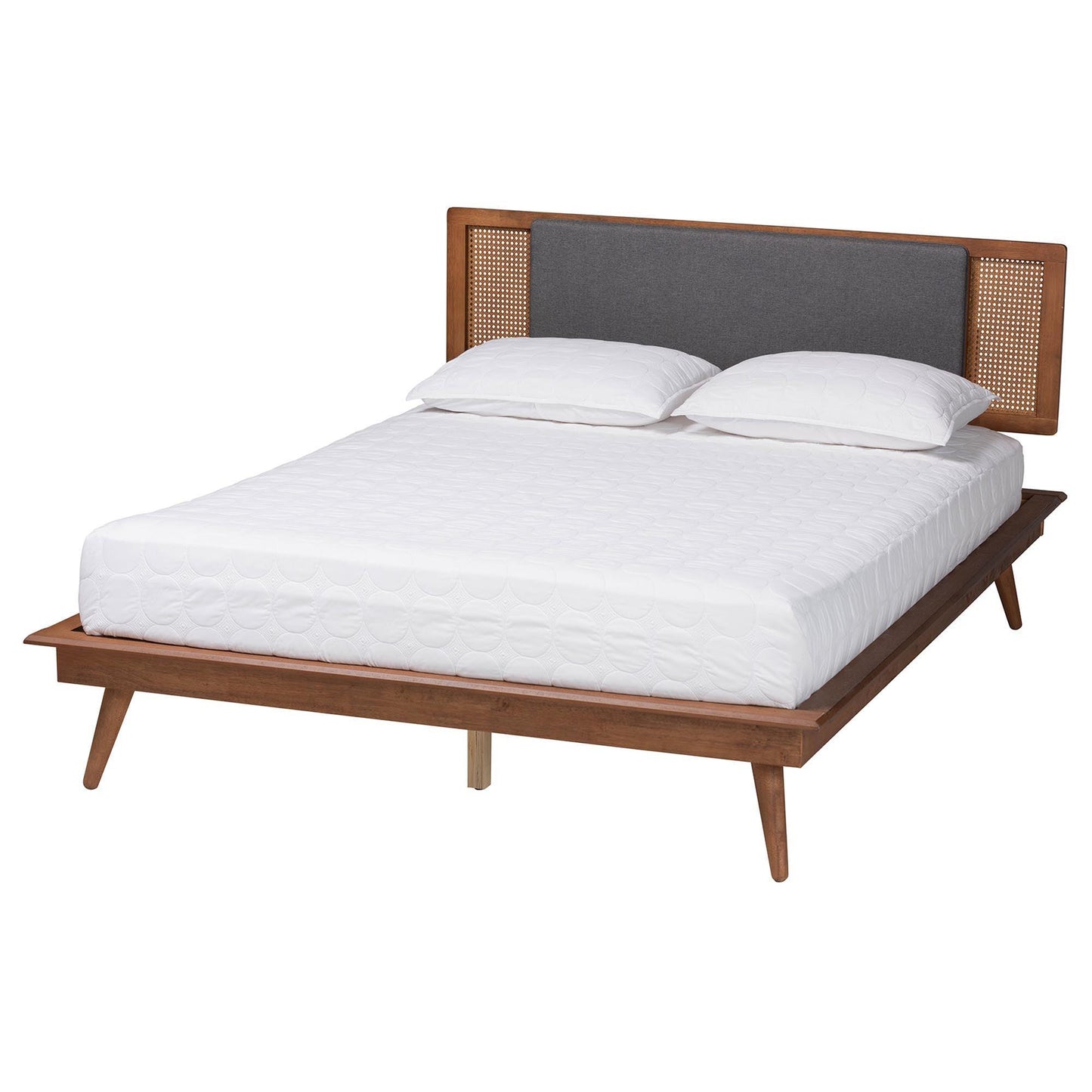 Baxton Studio Delfina Mid-Century Modern Dark Grey Fabric and Walnut Brown Finished Wood Platform Bed FredCo