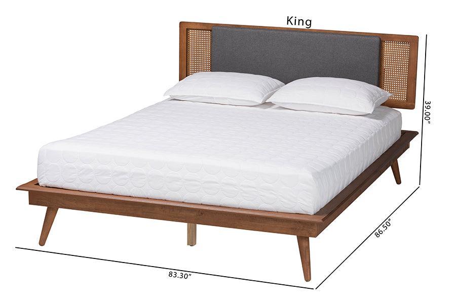 Baxton Studio Delfina Mid-Century Modern Dark Grey Fabric and Walnut Brown Finished Wood Platform Bed FredCo