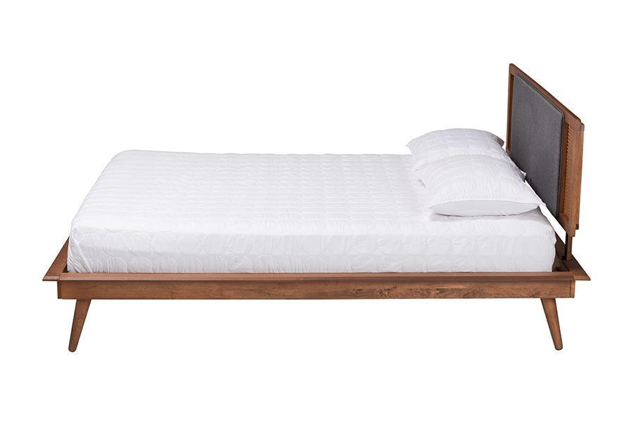 Baxton Studio Delfina Mid-Century Modern Dark Grey Fabric and Walnut Brown Finished Wood Platform Bed FredCo