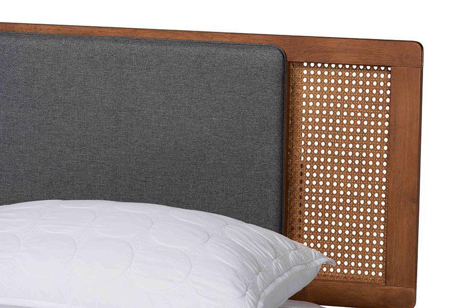 Baxton Studio Delfina Mid-Century Modern Dark Grey Fabric and Walnut Brown Finished Wood Platform Bed FredCo