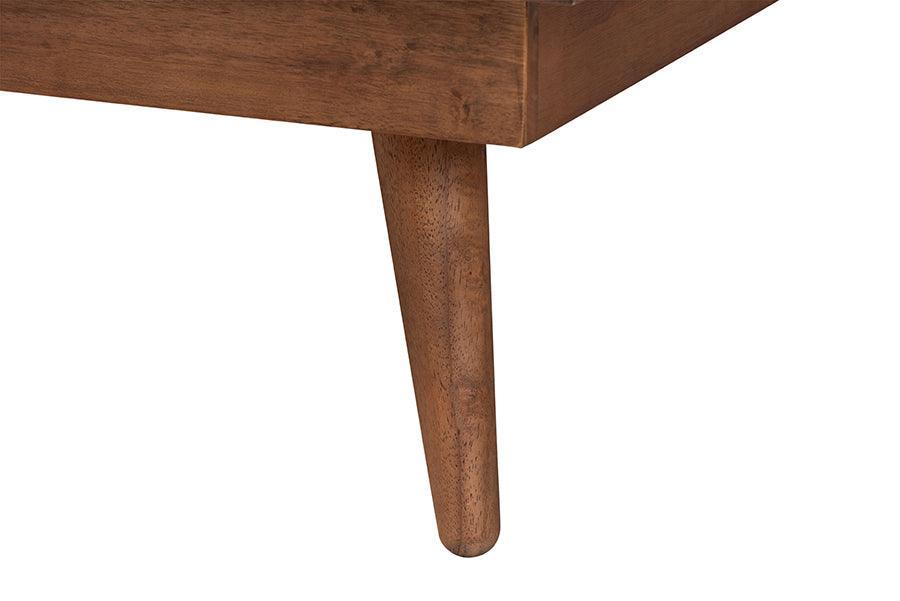 Baxton Studio Delfina Mid-Century Modern Dark Grey Fabric and Walnut Brown Finished Wood Platform Bed FredCo