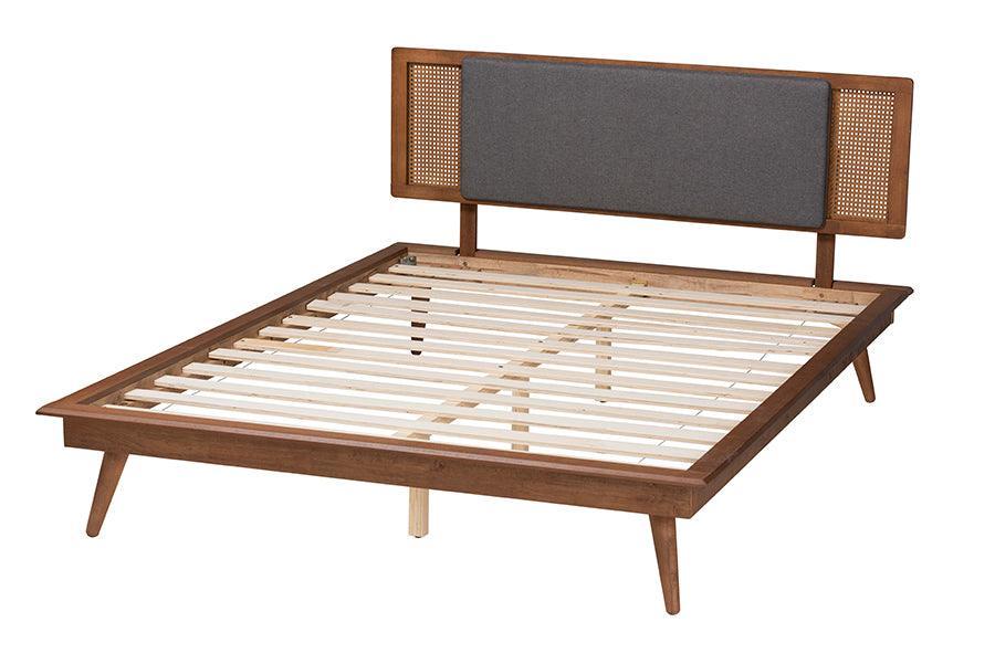 Baxton Studio Delfina Mid-Century Modern Dark Grey Fabric and Walnut Brown Finished Wood Platform Bed FredCo