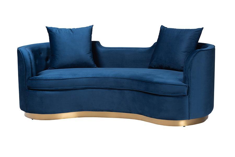 Baxton Studio Deserae Glam and Luxe Navy Blue Velvet and Brushed Gold Metal Sofa FredCo