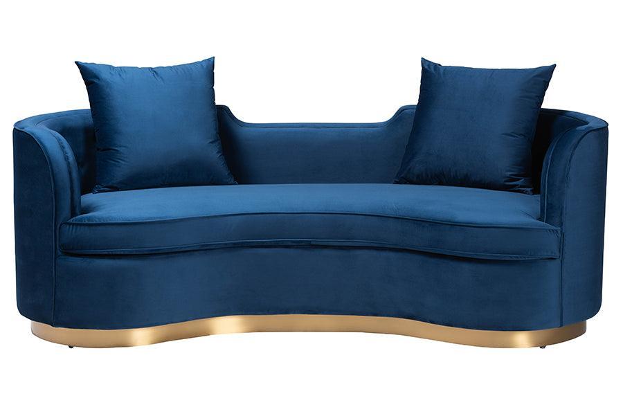 Baxton Studio Deserae Glam and Luxe Navy Blue Velvet and Brushed Gold Metal Sofa FredCo