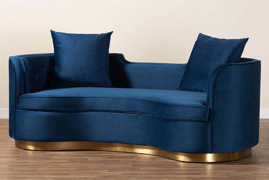 Baxton Studio Deserae Glam and Luxe Navy Blue Velvet and Brushed Gold Metal Sofa FredCo