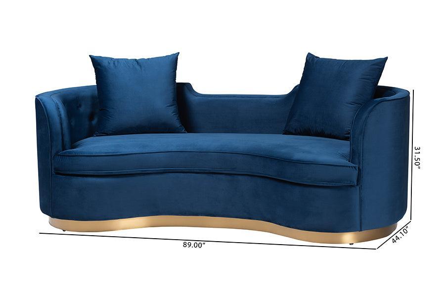 Baxton Studio Deserae Glam and Luxe Navy Blue Velvet and Brushed Gold Metal Sofa FredCo