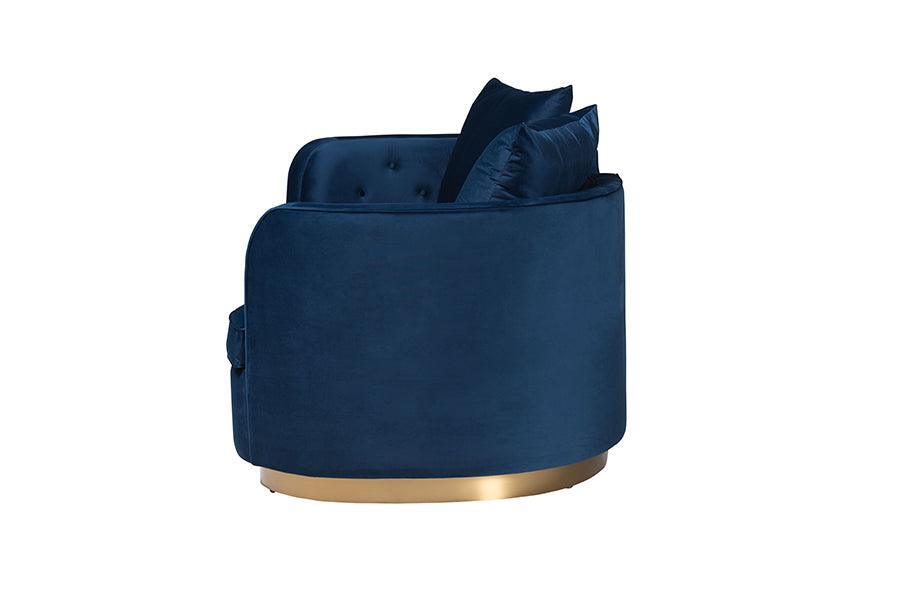Baxton Studio Deserae Glam and Luxe Navy Blue Velvet and Brushed Gold Metal Sofa FredCo
