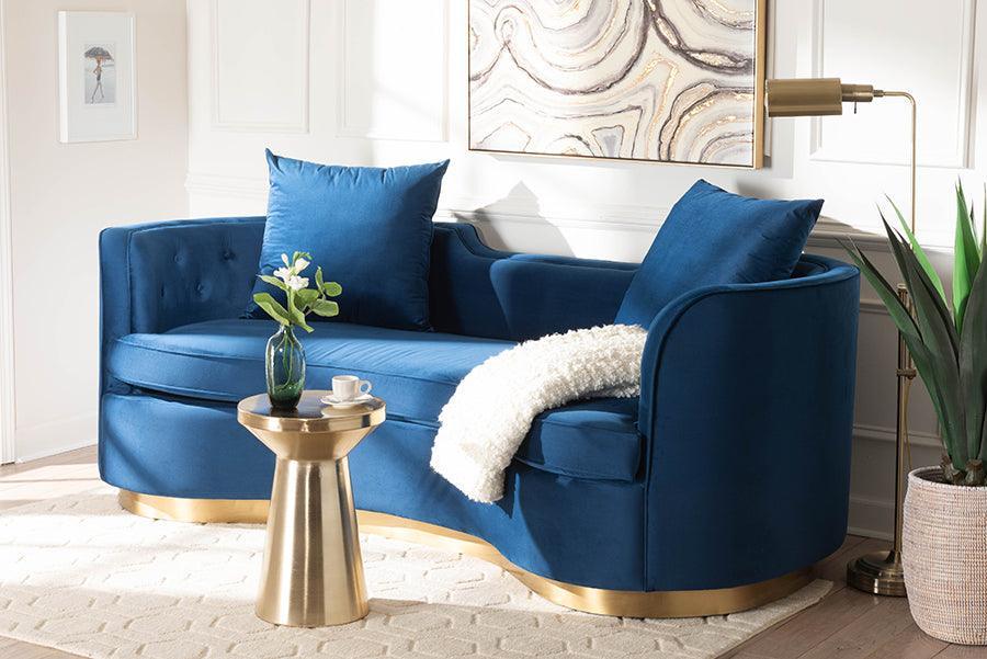 Baxton Studio Deserae Glam and Luxe Navy Blue Velvet and Brushed Gold Metal Sofa FredCo