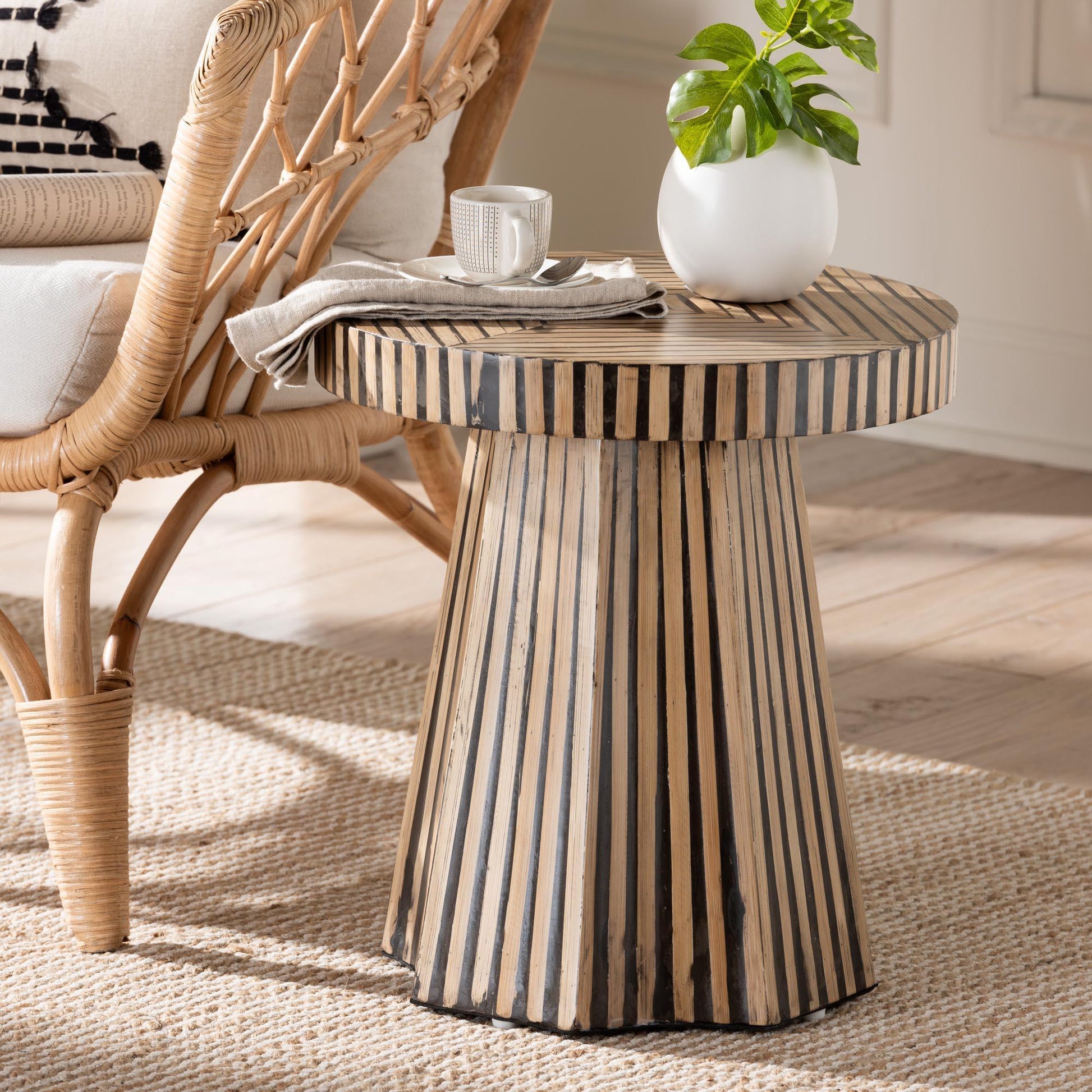 Baxton Studio Devika Modern Bohemian Two-Tone Natural and Dark Brown Bamboo End Table FredCo