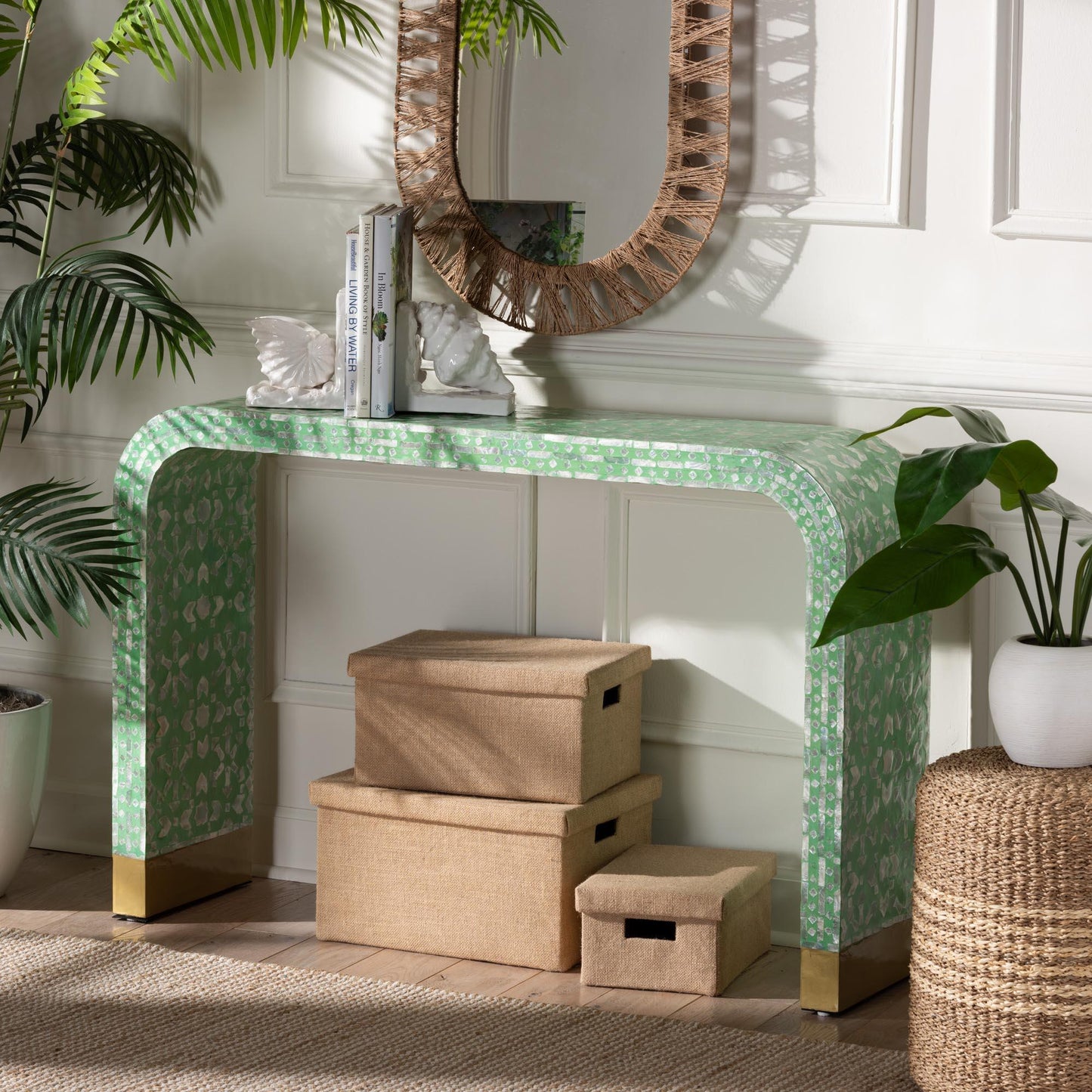 Baxton Studio Didrika Modern Bohemian Seafoam Green Mother of Peral Console Table FredCo