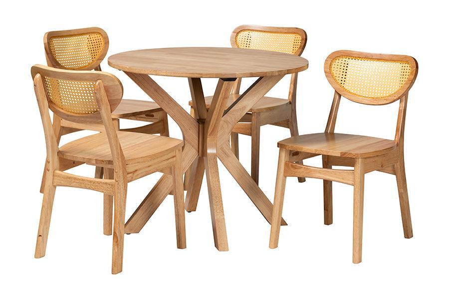 Baxton Studio Donato Mid-Century Modern Oak Brown Finished Wood and Rattan 5-Piece Dining Set FredCo