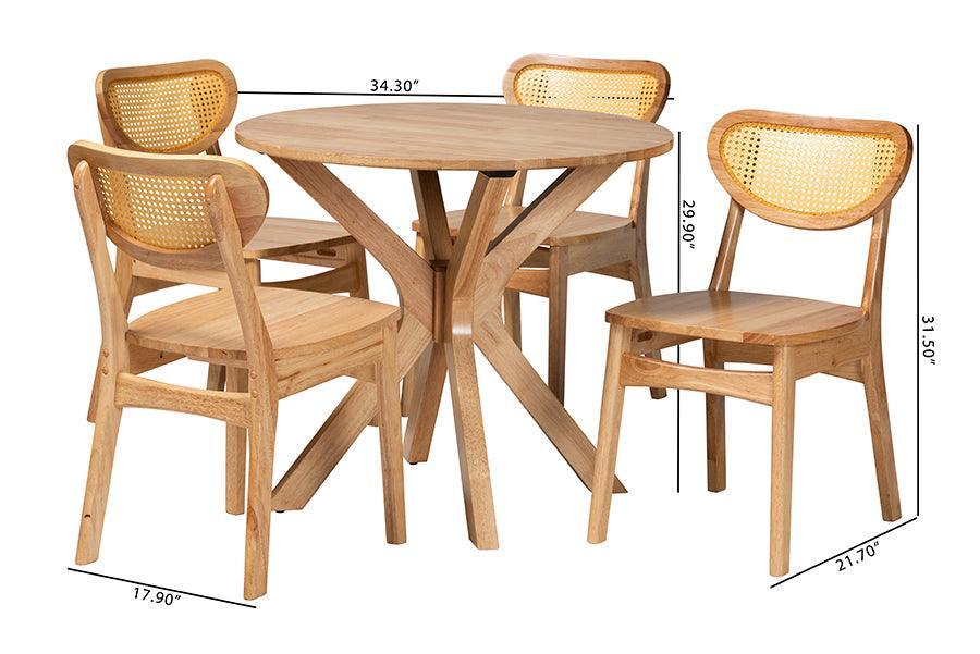 Baxton Studio Donato Mid-Century Modern Oak Brown Finished Wood and Rattan 5-Piece Dining Set FredCo