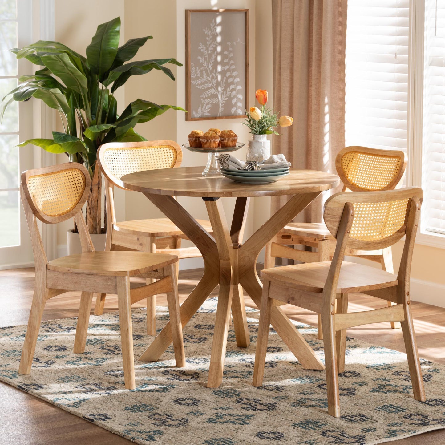 Baxton Studio Donato Mid-Century Modern Oak Brown Finished Wood and Rattan 5-Piece Dining Set FredCo