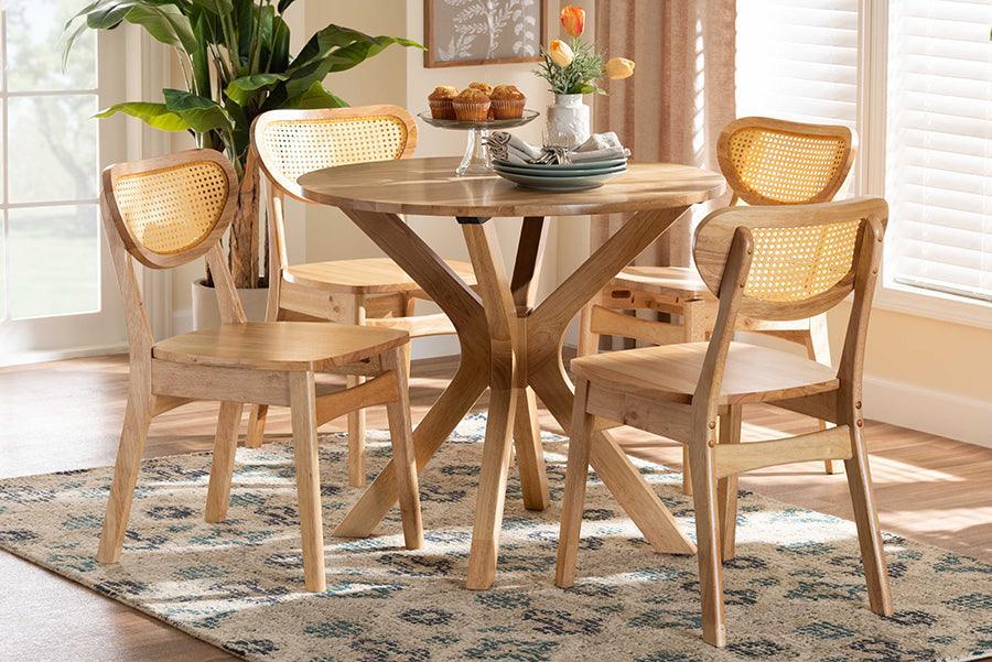 Baxton Studio Donato Mid-Century Modern Oak Brown Finished Wood and Rattan 5-Piece Dining Set FredCo