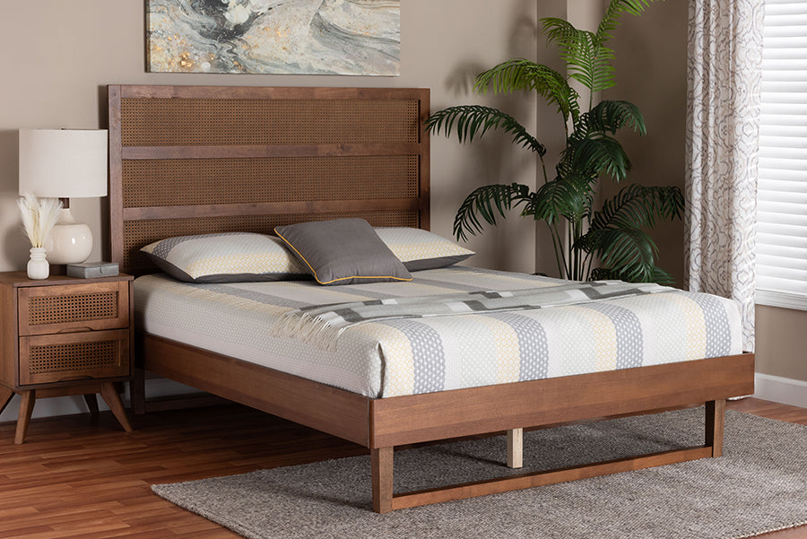 Baxton Studio Donnica Mid-Century Walnut Brown Finished Wood King Size Platform Bed with Woven Rattan FredCo