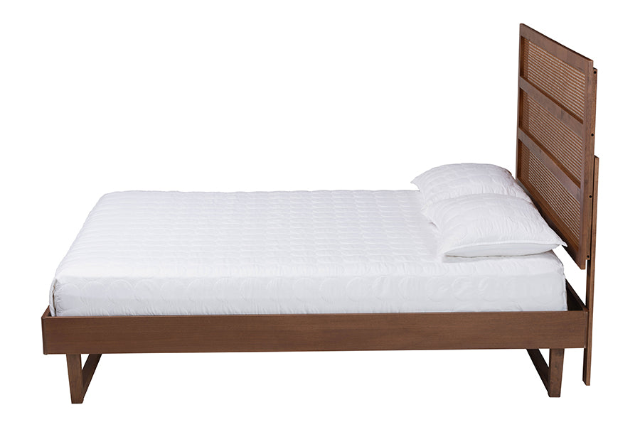 Baxton Studio Donnica Mid-Century Walnut Brown Finished Wood King Size Platform Bed with Woven Rattan FredCo