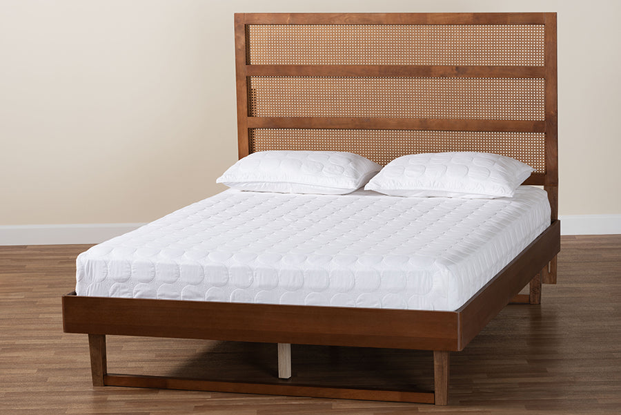 Baxton Studio Donnica Mid-Century Walnut Brown Finished Wood King Size Platform Bed with Woven Rattan FredCo