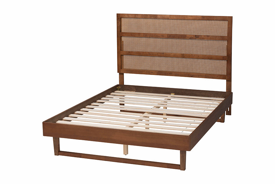 Baxton Studio Donnica Mid-Century Walnut Brown Finished Wood King Size Platform Bed with Woven Rattan FredCo