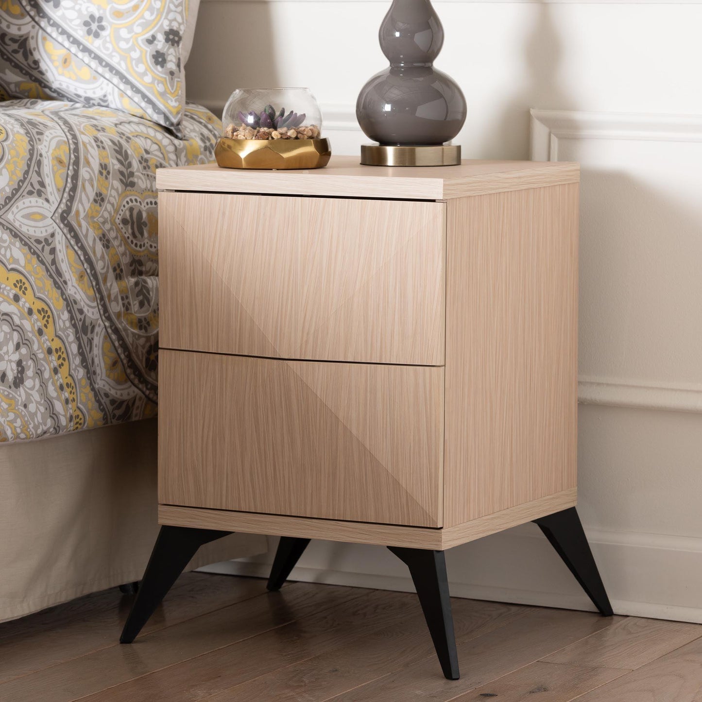 Baxton Studio Draper Mid-Century Modern Two-Tone Light Brown and Black Wood 2-Drawer Nightstand FredCo