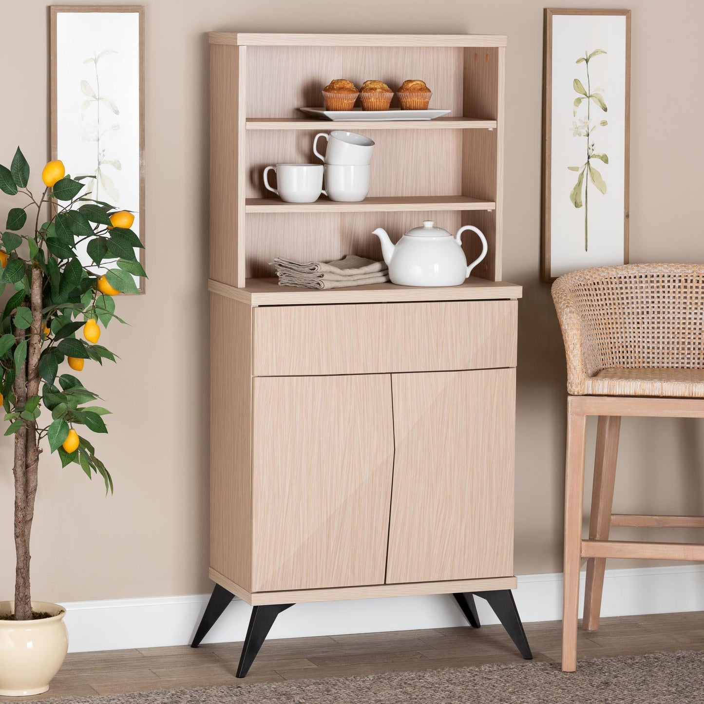 Baxton Studio Draper Mid-Century Modern Two-Tone Light Brown and Black Wood Kitchen Cabinet FredCo