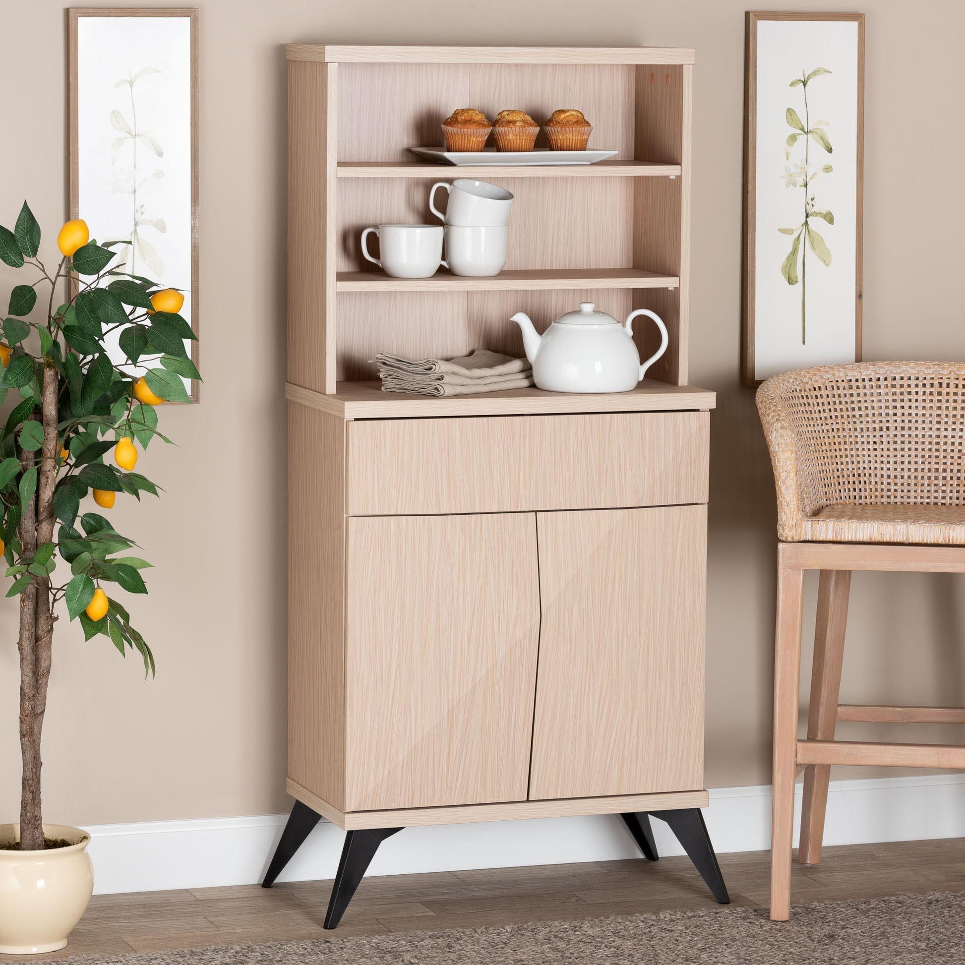 Baxton Studio Draper Mid-Century Modern Two-Tone Light Brown and Black Wood Kitchen Cabinet FredCo